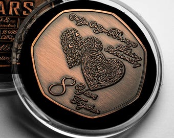 On Your 8th BRONZE WEDDING ANNIVERSARY Commemorative Coin in Capsule. Bronze. Gift/Present for Couple Husband/Wife 8 Years of Marriage