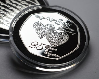 25th SILVER WEDDING ANNIVERSARY .999 Silver Commemorative in Capsule. Gift/Present 25 Years Together