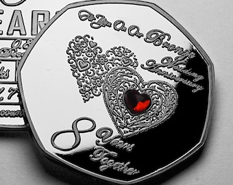 On Our 8th BRONZE WEDDING ANNIVERSARY Commemorative Coin with Gemstone. Silver. Gift/Present for Partner/Husband/Wife 8 Years of Marriage