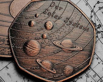 OUR SOLAR SYSTEM Antique Bronze Commemorative Coin. Planets/Stars/Sun/Moon Earth/Venus/Mars Space/Universe