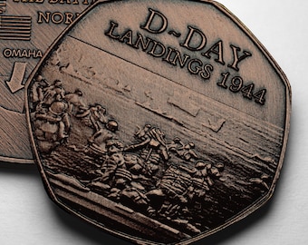 D-DAY LANDINGS 1944 Antique Bronze Commemorative Coin. WW2 Operation Overlord, Battle of Normandy, Omaha, Allied Invasions