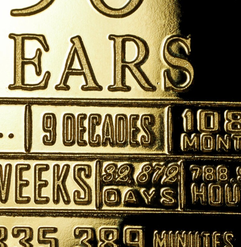 May include: A gold-coloured plaque with the inscription "30 Years", "9 Decades", "108 Months", "52 Weeks", "32,872 Days", "788,800 Hours", and "2,853,360 Minutes".
