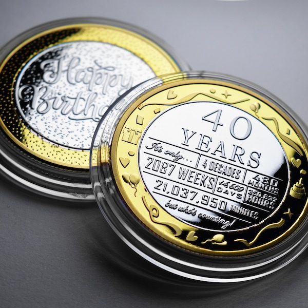 40th Birthday Dual Metal Silver & 24ct Gold Commemorative. Gift/Present Celebrating/Party/Ideas 40 Years Son/Daughter Coin/Capsule