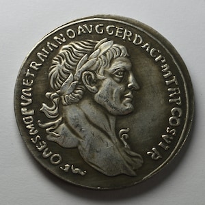 Large Roman Silver Emperor Trajan Dupondius Coin 3.5cm 18g .925 Silver Plated. Museum Quality Replica, Reproduction