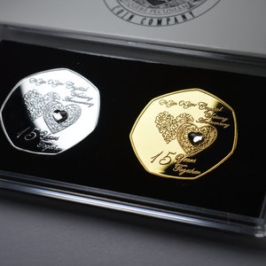 Pair of 15th CRYSTAL WEDDING ANNIVERSARY .999 Silver & 24ct Gold Commemoratives with Gemstones. Display/Presentation Case. Gift Box. Present