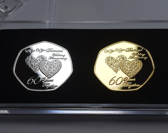 Pair of 60th DIAMOND WEDDING ANNIVERSARY Silver & 24ct Gold Commemoratives. Display/Presentation Case. Gift/Present 60 Years Together