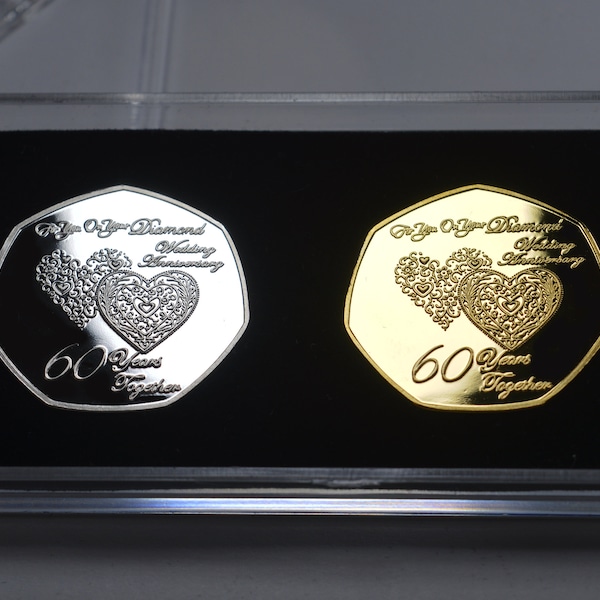 Pair of 60th DIAMOND WEDDING ANNIVERSARY Silver & 24ct Gold Commemoratives. Display/Presentation Case. Gift/Present 60 Years Together