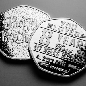 8. Geburtstag Silber Gedenkmünze. Geschenk / Geschenk Glückwünsche / Party / Feier, die 8 Jahre Sohn / Tochter / Enkel Acht feiert