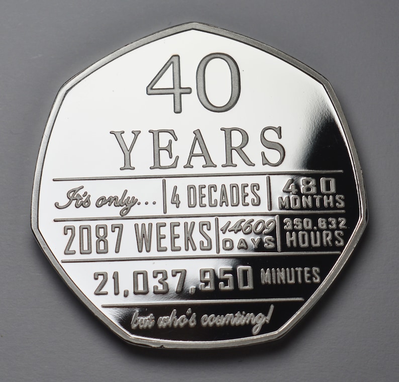 以下が含まれることがあります： 40周年を記念した銀貨。コインには「40 YEARS」の文字と、週、日、時間、分などのさまざまな時間の測定値が記載されています。「but who's counting!」というフレーズが一番下にあります。