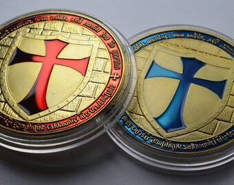 Pair of Large Masonic Knights Templar 24ct Gold Coins with Red & Blue Enamel. Freemasonry/Masons/Freemasons Lodge/Order Capsules