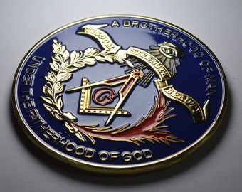 Emblema/decoración/insignia/calcomanía MASONIC esmaltada de gran tamaño para automóvil. Escuadra y compás. Francmasonería, masones, logias. Insignia esmaltada, 75 mm
