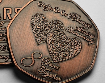 On Our 8th BRONZE WEDDING ANNIVERSARY Commemorative Coin. Bronze. Gift/Present for Partner/Husband/Wife 8 Years of Marriage