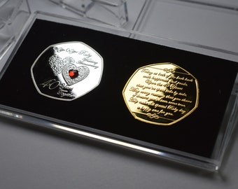 Pair of 40th RUBY WEDDING ANNIVERSARY Silver & 24ct Gold Gemstone Commemoratives in Display Case. Gift/Present. Forty 40 Years Together.