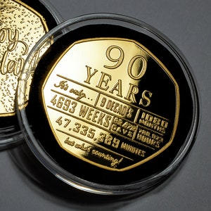 90e verjaardag, 24 kt goud, herdenkingsmunt in capsule. Cadeau/cadeau. 90 jaar negentig gevierd. Opa/Papa/Oma/Mama