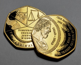 Marcus Aurelius Stoic/Stoicism 24ct Gold Commemorative Coin. Cardinal Virtues. Gift/Present Token/Memento