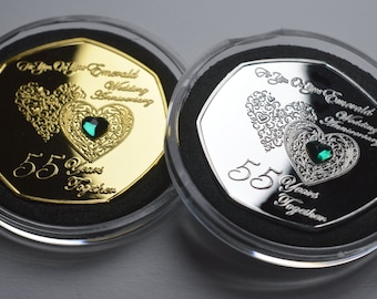 Par de conmemorativos del 55.º ANIVERSARIO DE BODAS CON ESMERALDA de plata .999 y oro de 24 quilates con piedras preciosas. Cápsulas. Regalo/Presente 55 Años Juntos