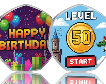 50th Birthday Full Colour Silver Commemorative Coin. Gift/Present Retro/Gaming Congrats Celebrating 50 Years Dad/Mom/Son/Daughter/Friend