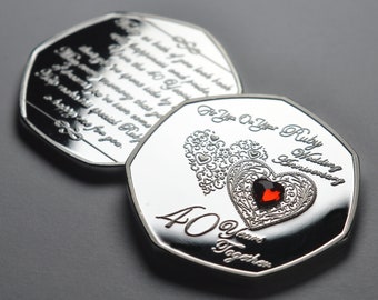 40th RUBY WEDDING ANNIVERSARY Silver Commemorative with Inlaid Gemstone. Gift/Present Marriage/. Forty 40 Years Together.