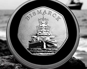 Corazzata tedesca BISMARCK commemorativa in argento in capsula. Seconda guerra mondiale, Marina, Nave da guerra, Seconda guerra mondiale