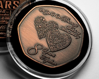 On Our 8th BRONZE WEDDING ANNIVERSARY Commemorative Coin in Capsule. Bronze. Gift/Present for Partner/Husband/Wife 8 Years of Marriage