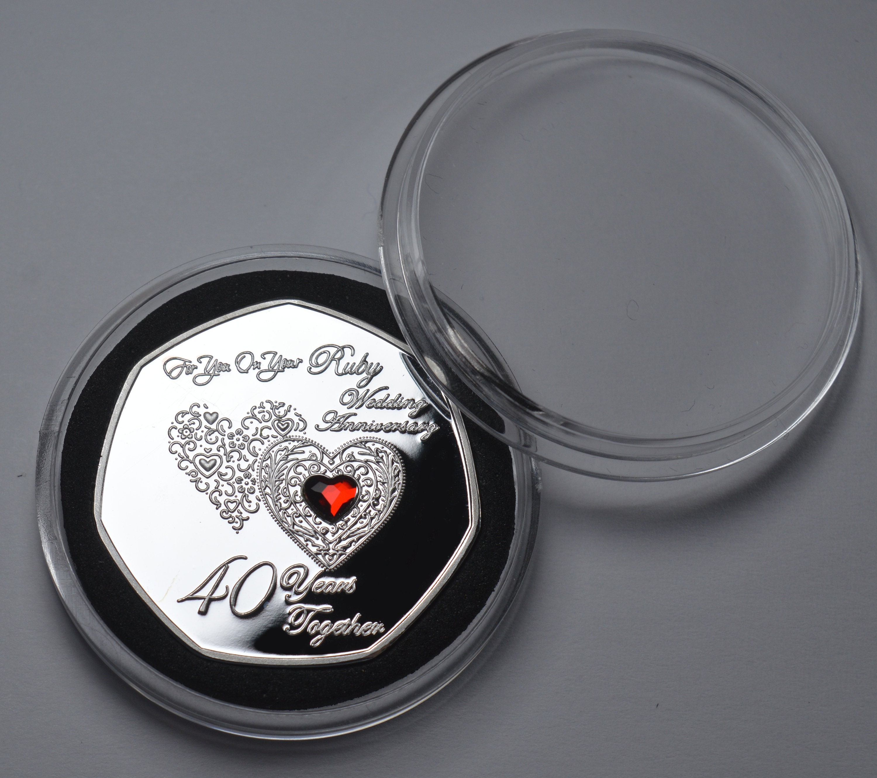 40th RUBY WEDDING ANNIVERSARY Golden Commemorative With Gemstone. Gift/ Present