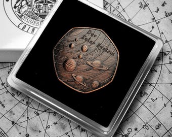OUR SOLAR SYSTEM Antique Bronze Commemorative Coin in Gift Case. Planets/Stars/Sun/Moon Earth/Venus/Mars Space/Universe