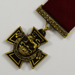 Pu&ograve; includere: Una medaglia dorata con un nastro rosso. La medaglia presenta una croce con un leone e una corona al centro. L'iscrizione "FOR VALOUR" &egrave; visibile sulla medaglia.