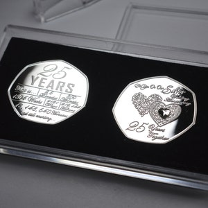 Pair of 25th Wedding Anniversary Silver & 24ct Gold Commemoratives in 50p Coin Display/Presentation Case. Gift/Present 25 Years Together.