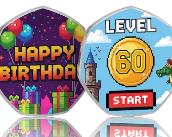 60th Birthday Full Colour Silver Commemorative Coin. Gift/Present Retro/Gaming Congrats Celebrating 60 Years Dad/Mom/Son/Daughter/Friend