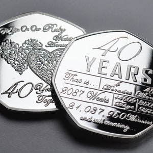 Op de afbeelding: Twee zilveren munten ter herdenking van een 40e huwelijksjubileum. De bovenste munt heeft de tekst "40 JAAR" en bevat de tekst "That is... 4 Decades 2087 Weeks 14609 Days 850,632 Hours 21,037,950 Minutes and still counting." De onderste munt heeft een ontwerp van twee in elkaar verweven harten met de tekst "To You On Our Ruby Wedding Anniversary 40 Years Together".