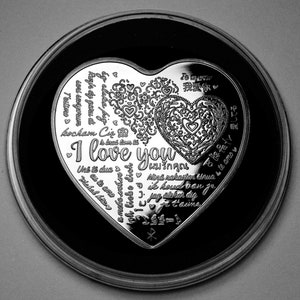 GRANDE carte commémorative en argent en forme de coeur « Je t'aime » pour la Saint-Valentin. Gélule. Mari/femme/petite amie/petit ami/partenaire. Cadeau/cadeau
