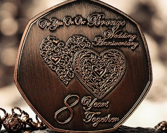 On Our 8th BRONZE WEDDING ANNIVERSARY Commemorative Coin. Bronze. 8 Years of Marriage. Gift/Present for Partner/Husband/Wife