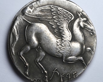 GROSSE karthagische 5 Schekel Münze mit Tanit und Pegasus. Griechisches Karthago 4cm 30g. .925 Silber vergoldet. Reproduktion in Museumsqualität