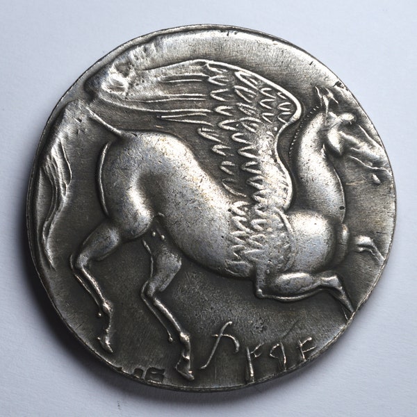 LARGE Carthaginian 5 Shekel Coin with Tanit and Pegasus. Greek Carthage 4cm 30g. .925 Silver Plated. Museum Quality Replica, Reproduction