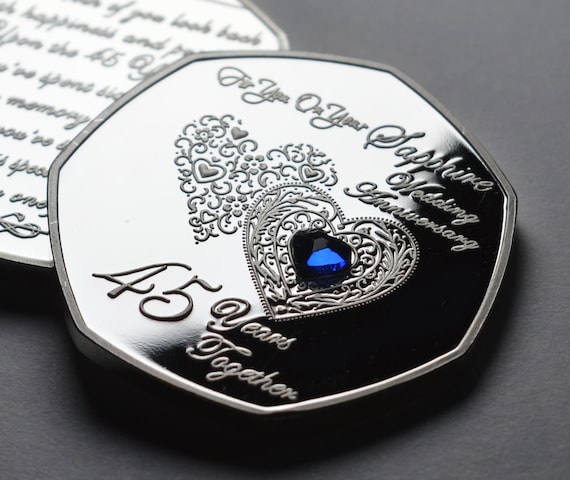 45e ANNIVERSAIRE DE MARIAGE SAPHIR Commemorative en argent avec incrustation de pierres precieuses. Cadeau cadeau de mariage felicitations. 45 ans ensemble. Etsy France