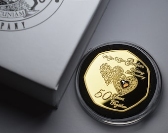 50th GOLDEN WEDDING ANNIVERSARY 24ct Gold Commemorative with Gemstone. Gift/Present 50 Fifty Years Together. Capsule & Gift Box