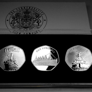 Cased Trio of Naval/Ship/Liner Silver Commemoratives. RMS Titanic, RMS Lusitania. Bismarck. White Star Line, Cunard, WW2
