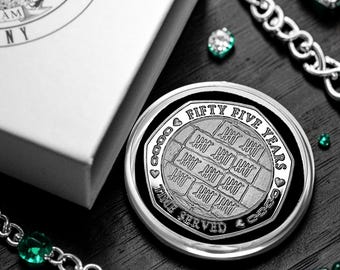 On OUR 55th EMERALD Wedding Anniversary Silver Commemorative Coin in Gift Box. Partner in Crime! 55 Years. Gift/Present Partner/Husband/Wife