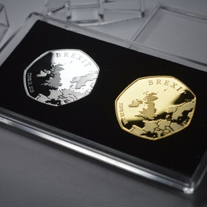 Pair of BREXIT Silver & 24ct Gold Commemoratives in 50p Coin Display Case. UK EU Politics United Kingdom Europe Referendum