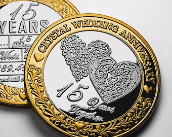 15周年クリスタル結婚記念日デュアルメタル記念コイン。パートナー/夫