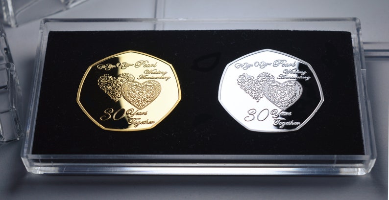 Pair of 30th PEARL WEDDING ANNIVERSARY Silver & 24ct Gold Commemoratives. Display/Presentation Case and Gift Box. Present. 30 Years image 9