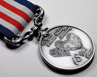 Your 18th Porcelain Wedding Anniversary Long Service Medal. Gift/Present Husband/Wife/Partner/Couple. Antique Silver. 18 Years.