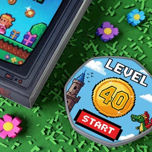 Può includere: Una console di videogiochi retrò e un gettone di gioco di livello 40. Il gettone presenta una moneta d'oro con il numero 40, un castello e un drago pixelato. La parola "START" è su un pulsante rosso. Fiori pixelati colorati sono sparsi.