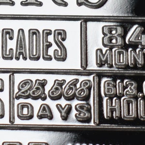 May include: Close-up of a silver plaque with the words "Years, Decades, 84 Months, 25,568 Days, 613,000 Hours, 36,780,000 Minutes" engraved on it.