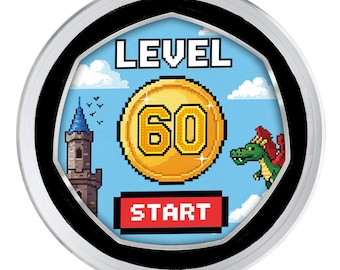 60th Birthday Full Colour Silver Commemorative Coin in Capsule. Gift/Present Retro/Gaming Celebrating 60 Years Dad/Mom/Son/Daughter/Friend