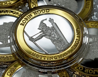 Robin Hood & Sherwood Forest 'Dual Metal' Silber und 24 Karat Gold Gedenkmünze in Kapsel. Nottingham, Major Oak, fröhliche Männer.