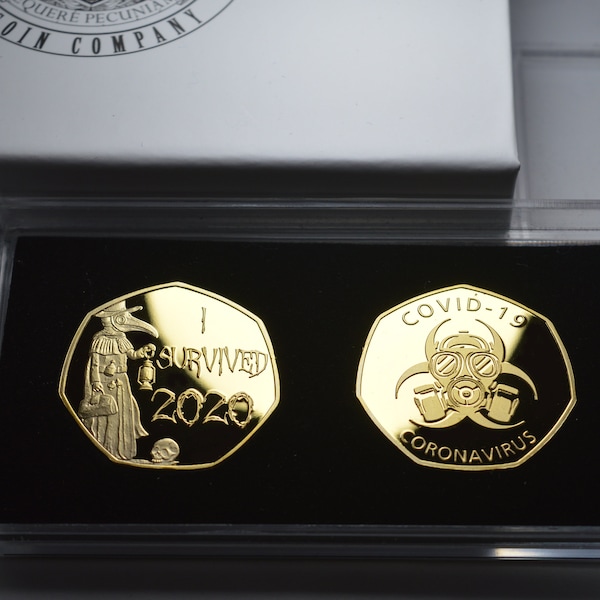 Pair of 'I SURVIVED 2020' 24ct Gold Commemoratives in 50p Coin Display/Presentation Case and Gift Box. Lockdown/Covid/Corona/Virus