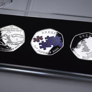 Trio of BREXIT Silver Commemoratives in 50p Coin Display Case. UK EU Politics United Kingdom Europe Referendum