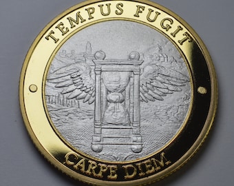 Memento Vivere Silver and 24ct Gold Reminder Coin in Capsule. Tempus Fugit, Carpe Diem. Stoic/Reflection Commemorative