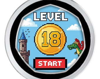 18th Birthday Full Colour Silver Commemorative Coin in Capsule. Present Retro/Gaming Congrats Celebrating 18 Years Son/Daughter/Grandson
